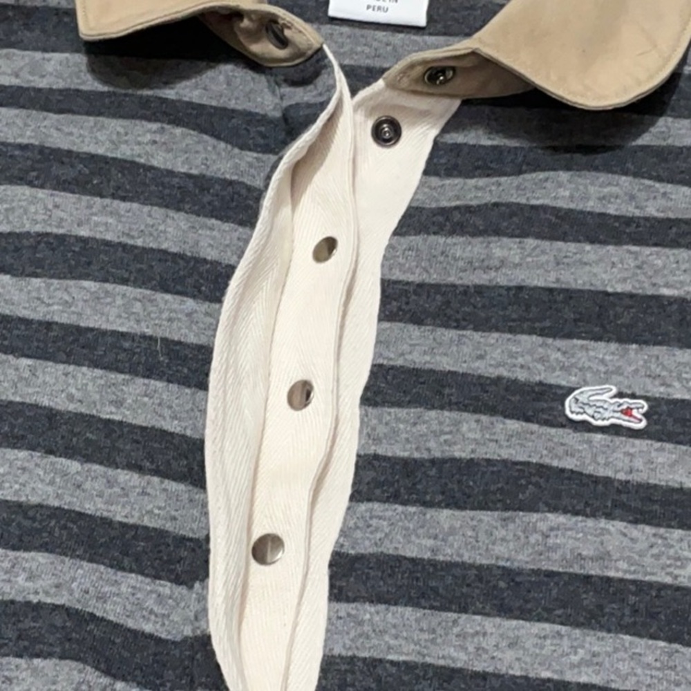 LACOSTE Stripe Rugby Polo Shirt XS FR 32 18” p2p Gray/Tan EUC - Picture 7 of 13